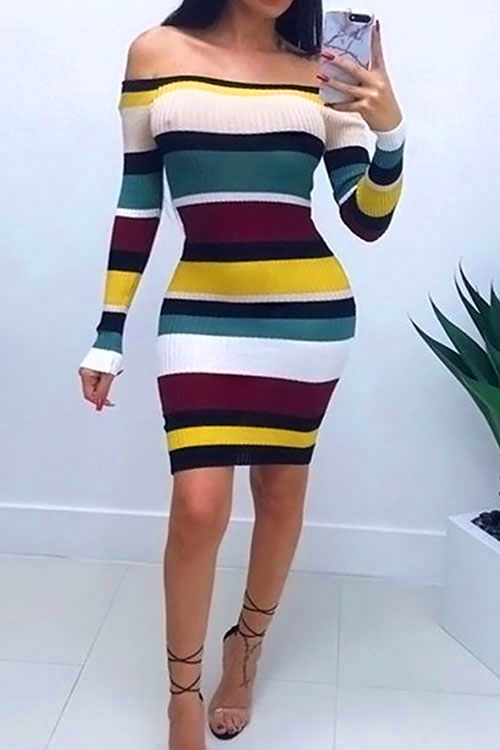Lovely Sexy Bateau Neck Striped Patchwork Polyester Sheath Knee Length Dress(Non Positioning Printing) от Lovelywholesale WW