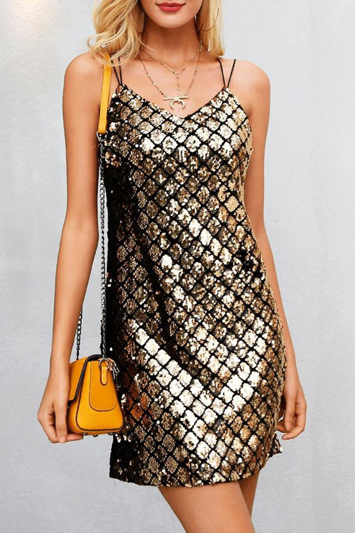 

Lovely Sexy Spaghetti Strap Sleeveless Gold Sequined Sheath Mini Dress