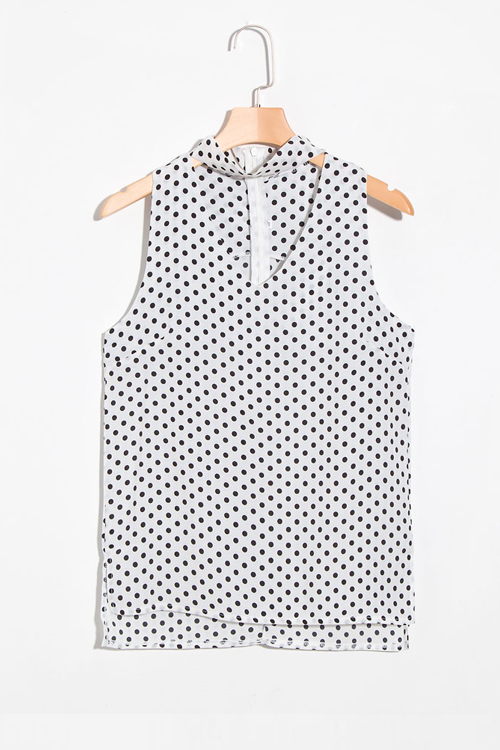 

Lovely Fashion V Neck Dot Printed White Chiffon Tank Top