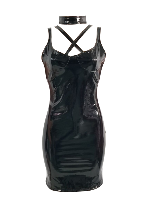 Lovely Sexy V Neck Black PU Sheath Mini Bodycon Dress(With Belt) от Lovelywholesale WW