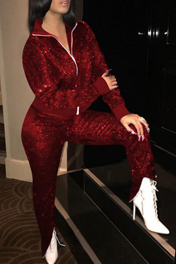 Lovely Stylish Turndown Collar Sequins Decoration Zipper Design Wine Red Polyester Two-Piece Pants Set от Lovelywholesale WW