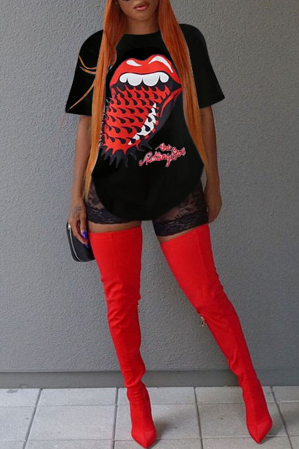 

Lovely Leisure Round Neck Short Sleeves Printed Black Cotton T-shirt