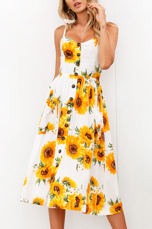 

LovelyFashion Spaghetti Strap Sleeveless Printed White Cotton Blend Knee Length Dress