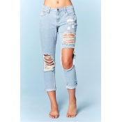 Lovely Fashion Mid Waist Broken Holes Baby Blue De