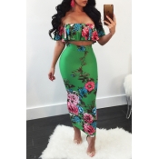 Lovely Sexy Bateau Neck Floral Printed Flounce Gre