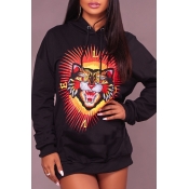 Lovely Casual Hooded Collar Tiger Printed Black Po