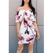 Lovely Sexy Bateau Neck Floral Print Pink Milk Fib