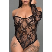 Lovely Sexy U Neck See-Through Black Lace One-piec