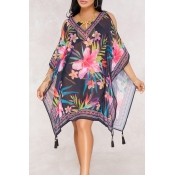 Lovely Trendy V Neck Batwing Sleeves Floral Printe