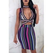 Lovely Sexy V Neck Hollow-out Striped Printed Poly