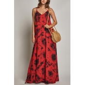 Lovely Sexy V Neck Printed Red Cotton Floor Length