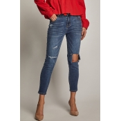 Lovely Trendy High Waist Broken Holes Blue Spandex