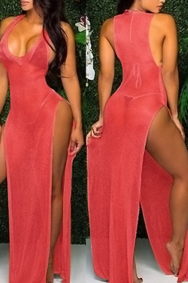 

Lovely Sexy Deep V Neck Sleeveless See-Through High Split Red Ployester Cover-Ups