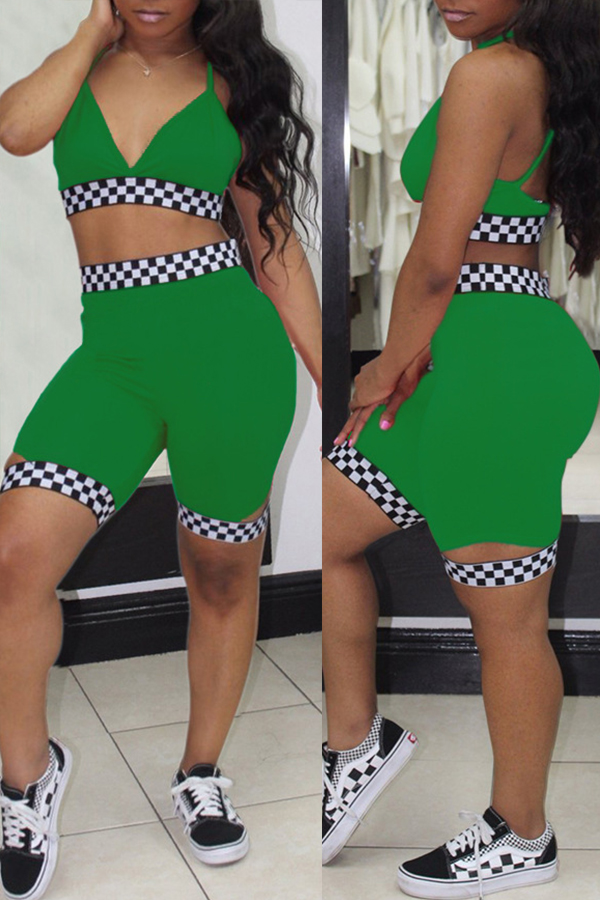

Lovely Sexy V Neck Plaids Printed Green Polyester Two-piece Shorts Set