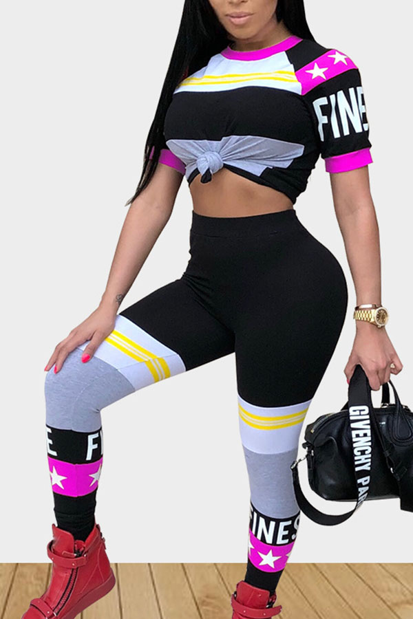 

Lovely Trendy Round Neck Striped+Letters Printed Rose Red Polyester Two-piece Pants Set