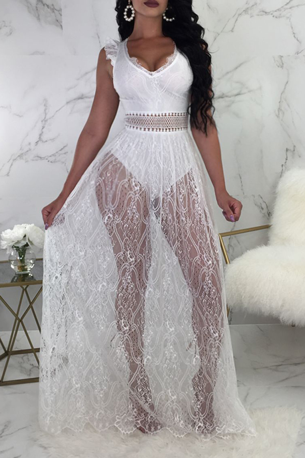 

Lovely Sexy V Neck See-Through Backless White Lace Floor Length Dress