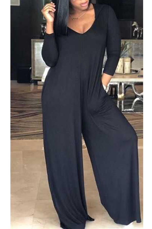 

Lovely Trendy Hooded Collar Three Quarter Sleeves Black Polyester One-piece Jumpsuits