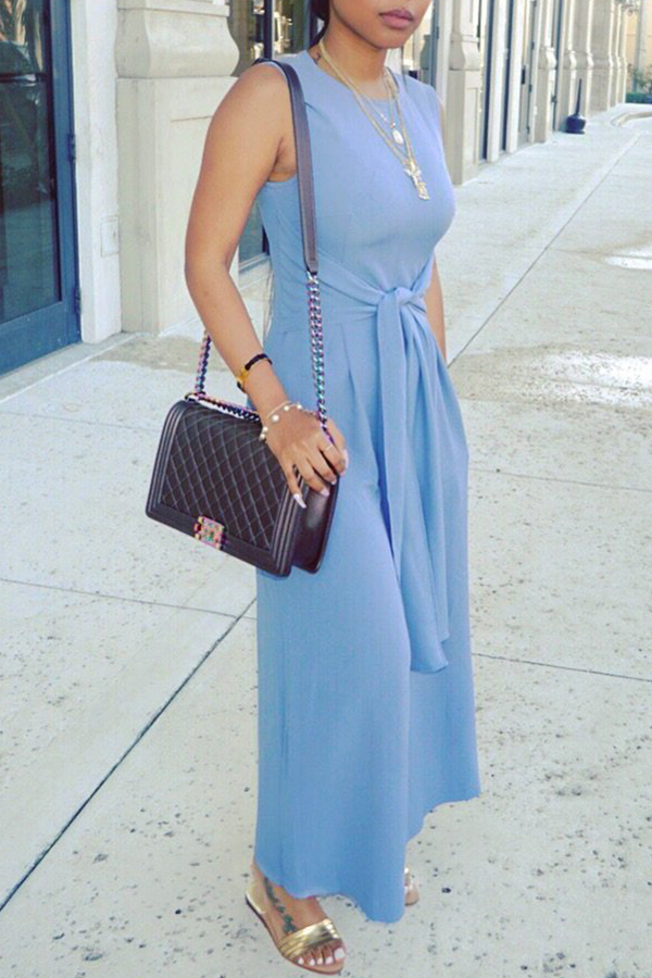 

Lovely Trendy Round Neck Bandage Baby Blue Polyester One-piece Jumpsuits