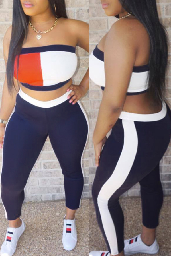 

LovelyCasual Bateau Neck Color Block Patchwork Blue Blending Two-piece Pants Set