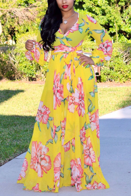 

Lovely Bohemian V Neck Long Sleeves Floral Printed Yellow Chiffon Floor Length Dress