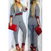 Lovely Fashion V Neck Plaid Printed White Cotton B