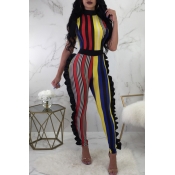 Lovely Sexy Round Neck Ruffle Striped Patchwork Po