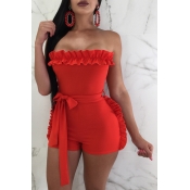 Lovely Nifty Bateau Neck Ruffle Red Polyester One-