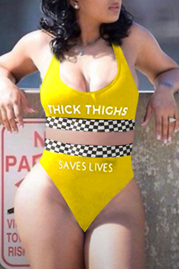 

Lovely Yellow Letters Printed Polyester+Spandex Two-piece Swimwear