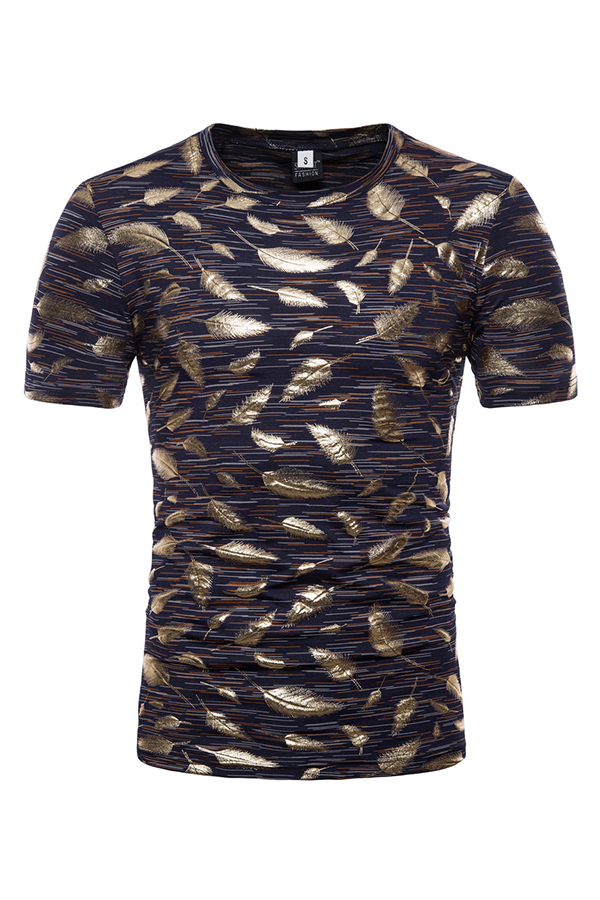 Lovely Casual Round Neck Gold Stamping Feather Navy Blue Cotton T-shirt for men