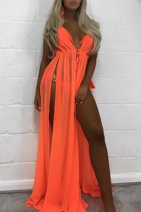 

Lovely Sexy V Neck Side Slit Orange Cover-Ups(Without Subcoating)