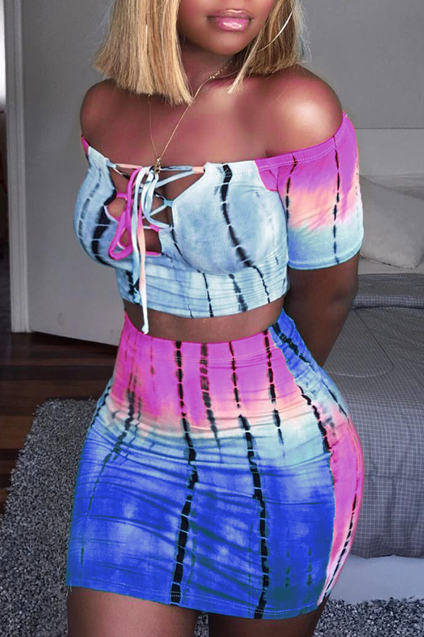 

LovelySexy Bateau Neck Printing Blue Twilled Satin Two-piece Skirt Set