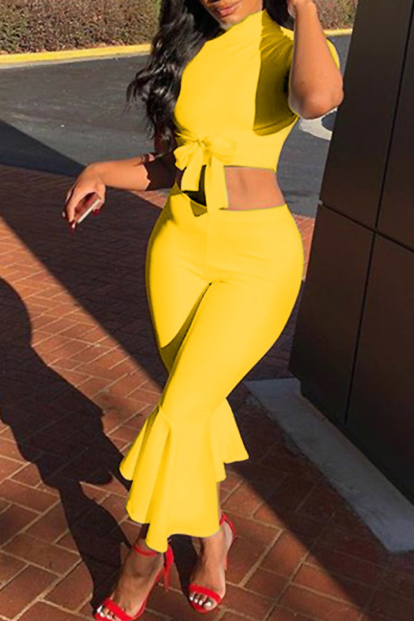 

LovelyEuramerican Round Neck Yellow Twilled Satin Two-piece Pants Set