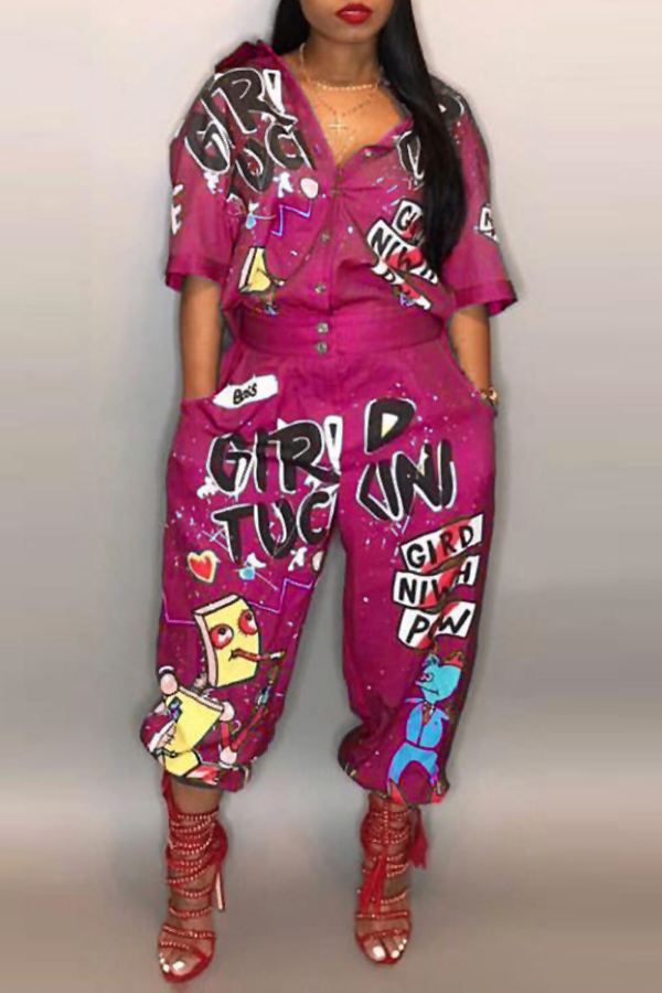 

Lovely Euramerican Cartoon Printing Rose Red Polyester One-piece Jumpsuit