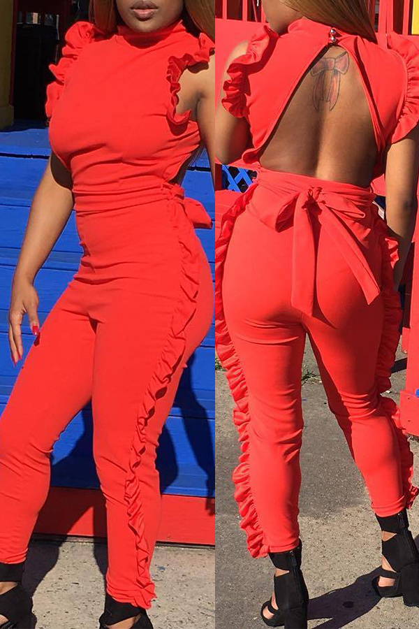 

Lovely Casual Round Neck Ruffle Design Red Polyester One-piece Jumpsuits