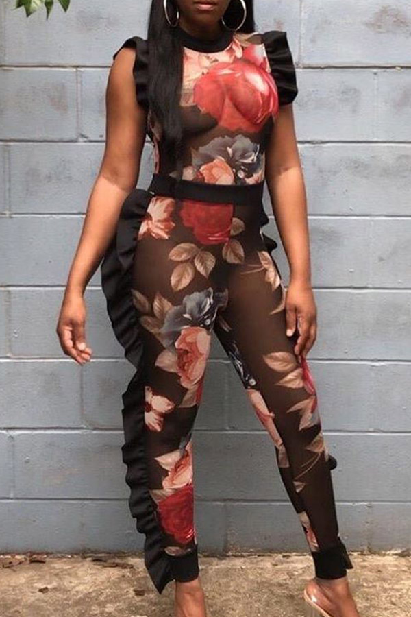 

LovelyChic Round Neck Ruffle Floral Printed Black Polyester One-piece Jumpsuits