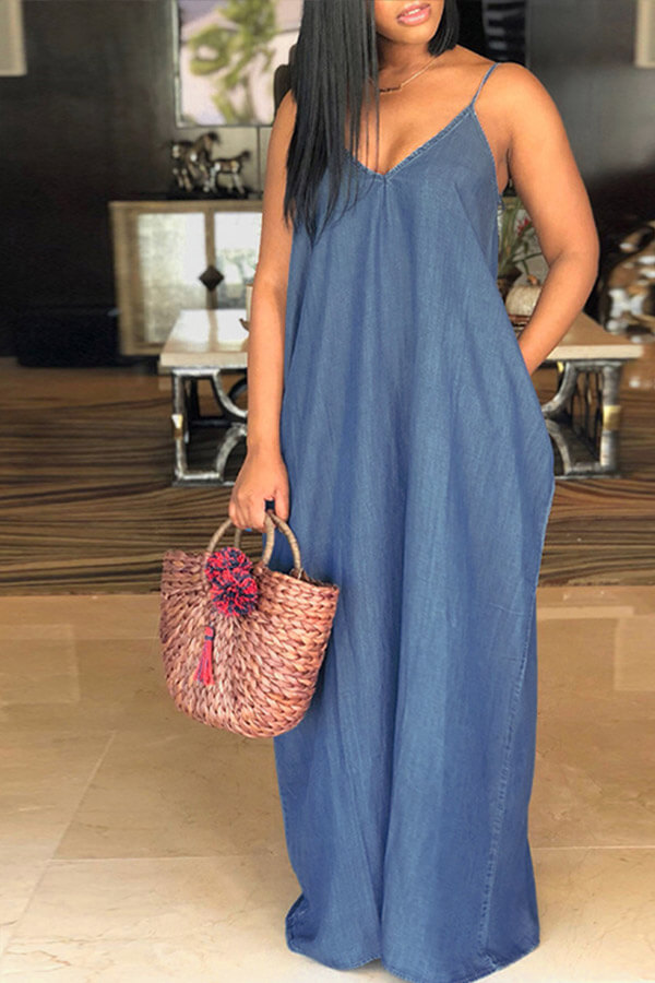 Lovely Stylish Spaghetti Strap Loose Blue Maxi Denim Dress