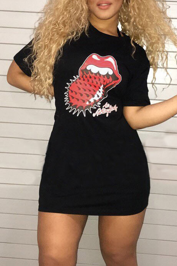 

Lovely Casual Round Neck Cartoon Printed Black Twilled Satin Mini Dress