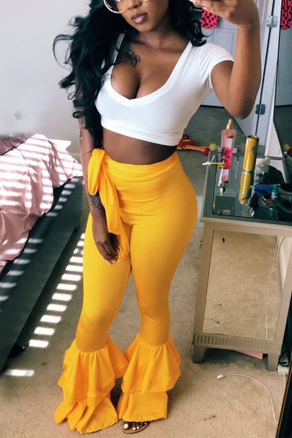 

Lovely Casual V Neck Layered Flounce Yellow Qmilch Two-piece Pants Set