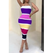 Lovely Fashion Bateau Neck Colorful Striped Purple