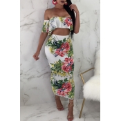 LovelyTrendy Bateau Neck Flounce Printing White Po