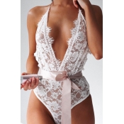 Lovely Trendy V Neck Hollow-out White Lace One-pie