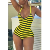 Lovely Fashion V Neck Striped Yellow Polyester One