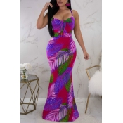 Lovely Fashion V Neck Feather Printed Purple Blend