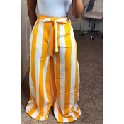 LovelyFashion High Waist Striped Yellow Polyester 