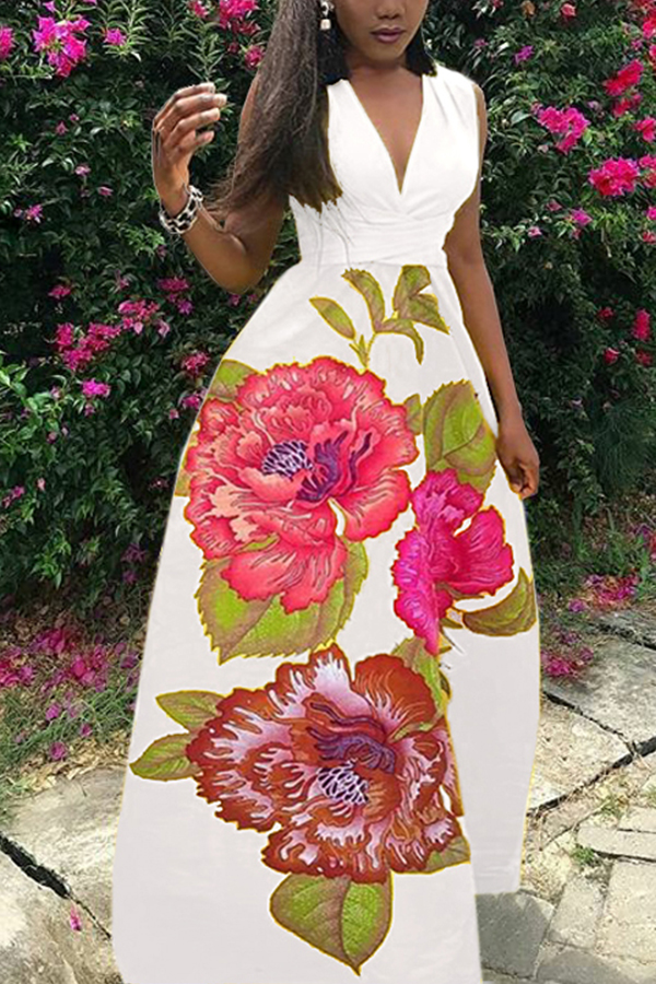 

Lovely Bohemian V Neck Printed White Polyester Floor Length Dress