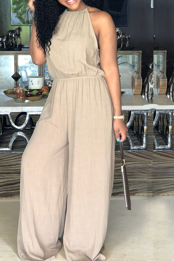 

LovelyCasual Round Neck Drawstring Apricot Blending One-piece Jumpsuits