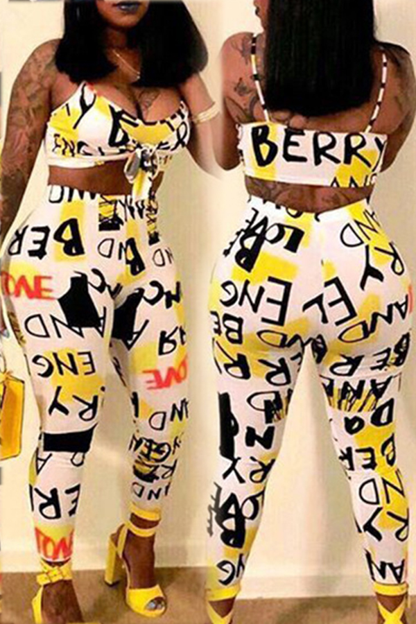 

Lovely Sexy V Neck Letter Printed Yellow Two-piece Pants Set