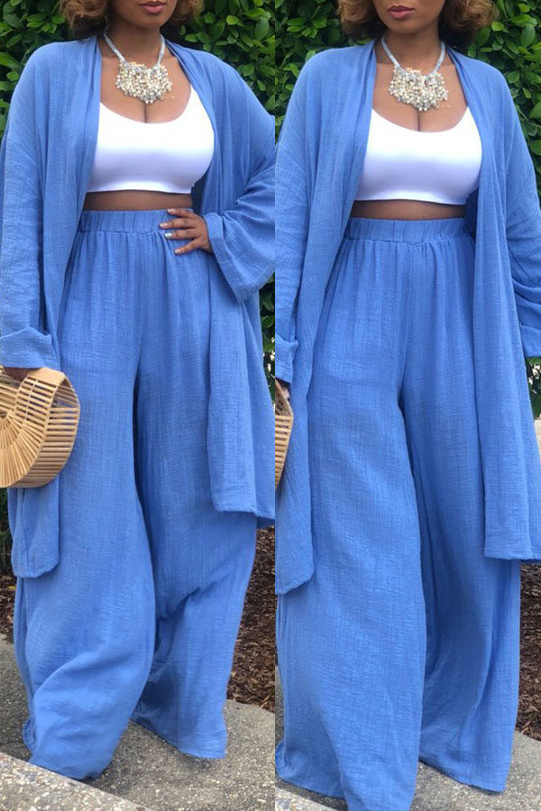 

LovelyCasual Loose Blue Linen Two-piece Pants Set