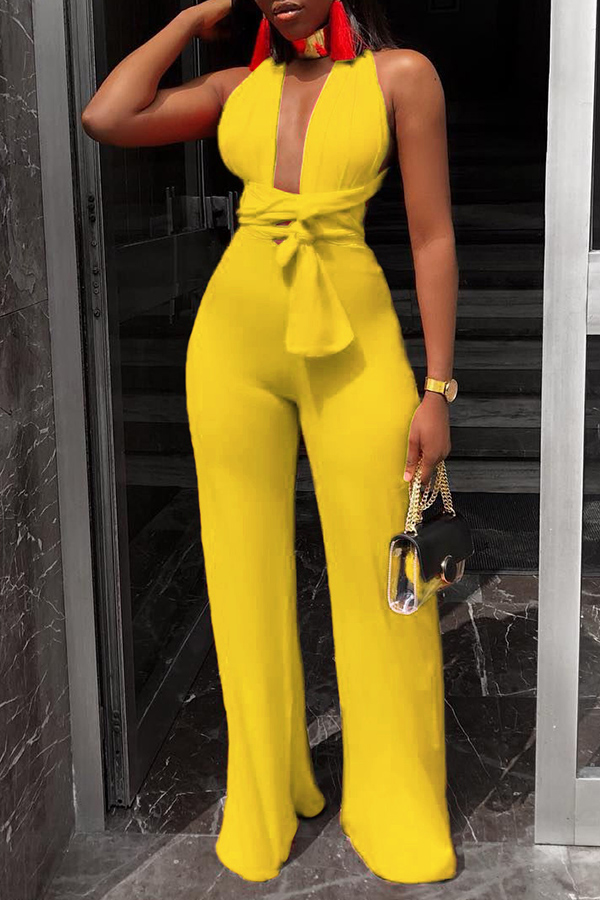 

Lovely Sexy Deep V Neck Yellow One-piece Jumpsuits