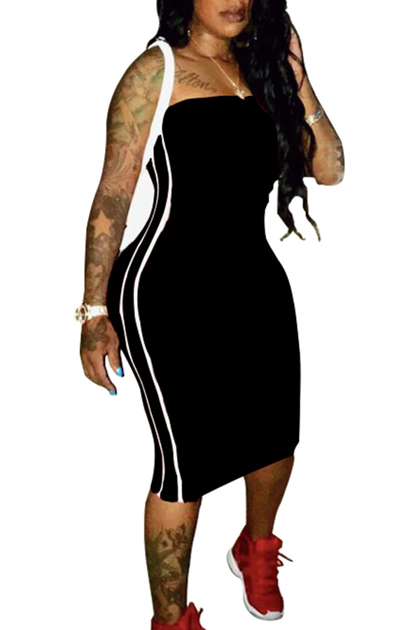 

Lovely Euramerican Dew Shoulder Striped Black Mid Calf Sheath Dress